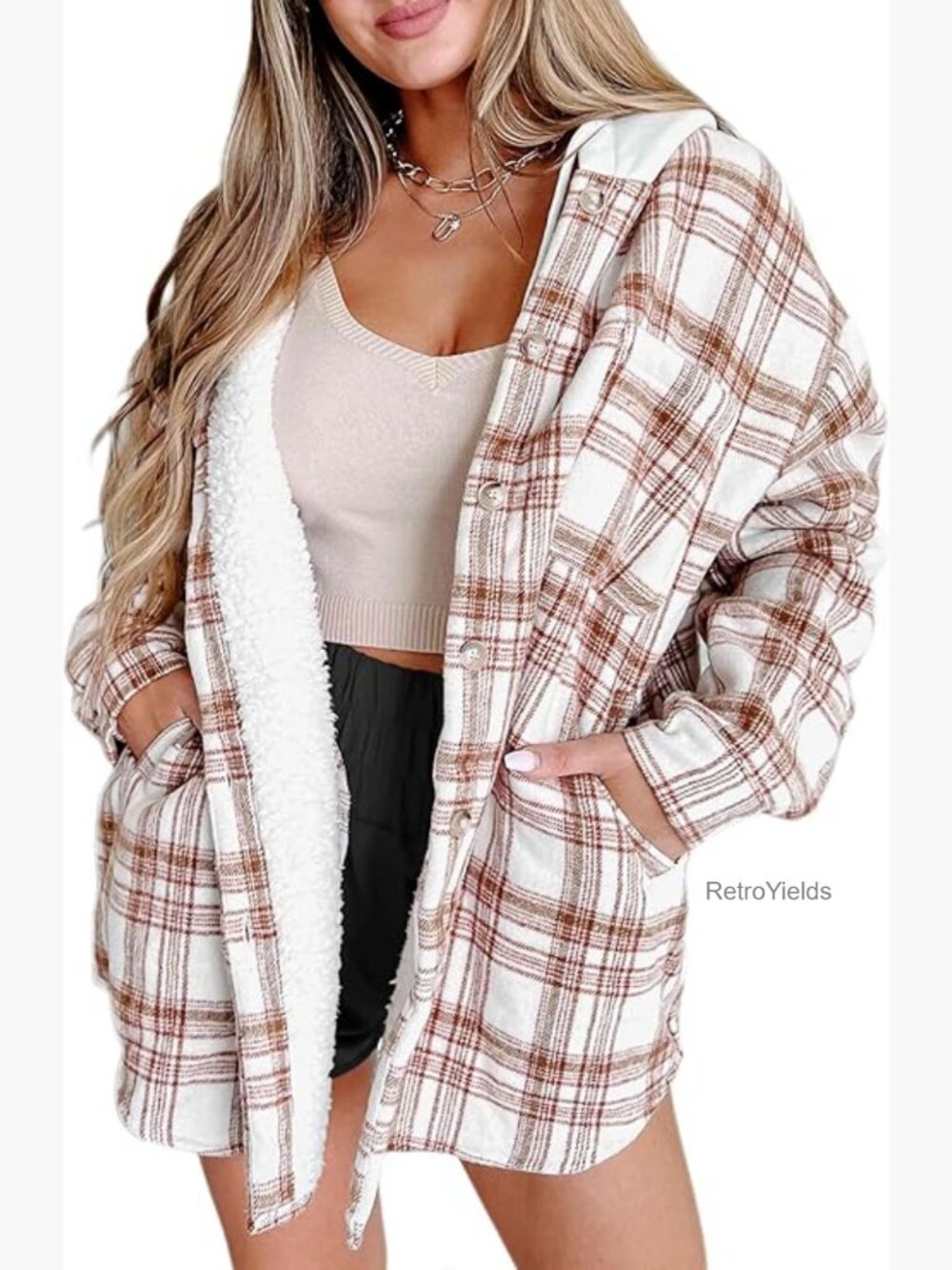 Womens Plaid Shacket Jacket Sherpa Lined Flannel Oversized Button Up Hooded